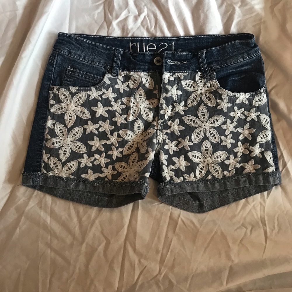 Lace front denim shorts